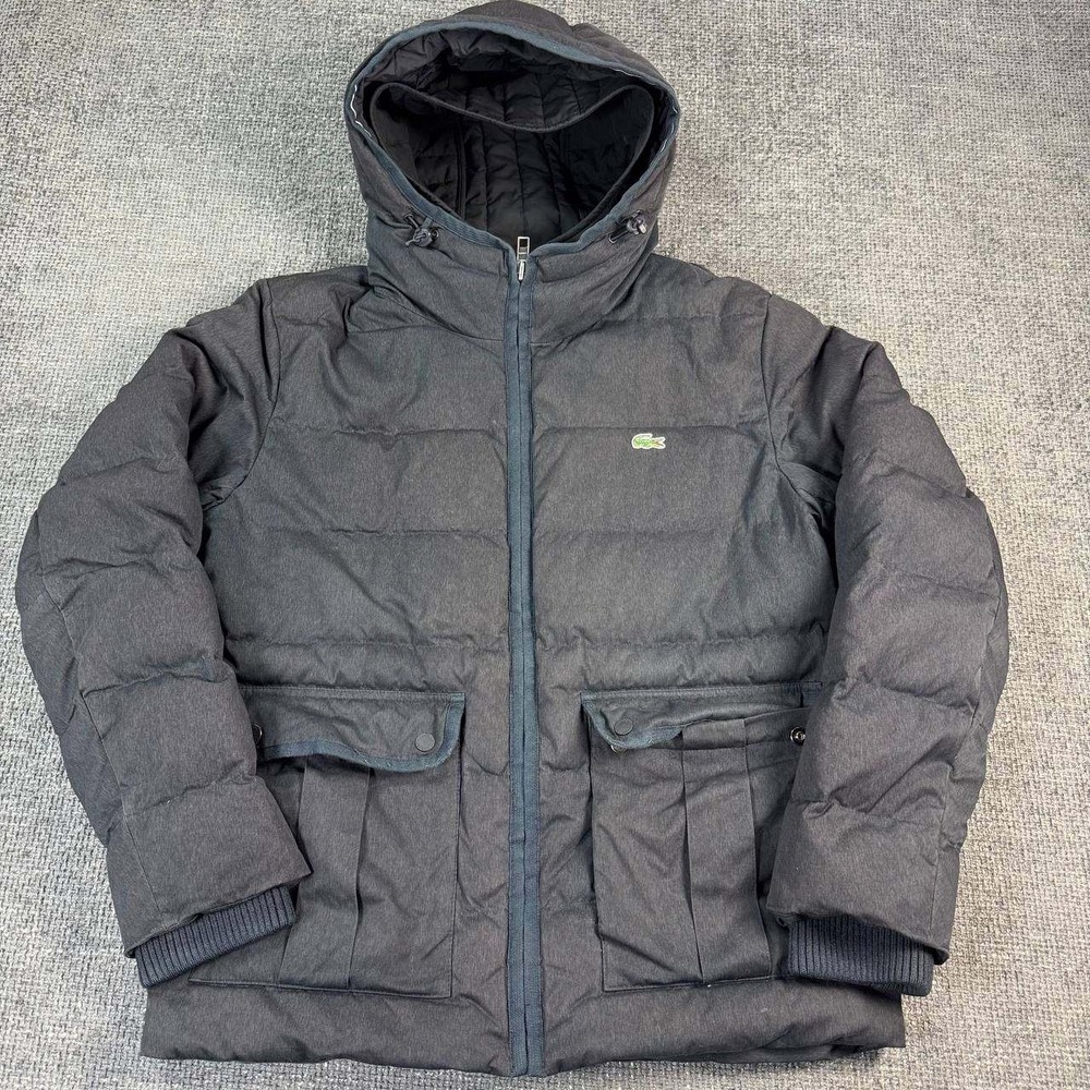 Lacoste Down Puffer Jacket Mens Large Gray Hooded Insulated Coat